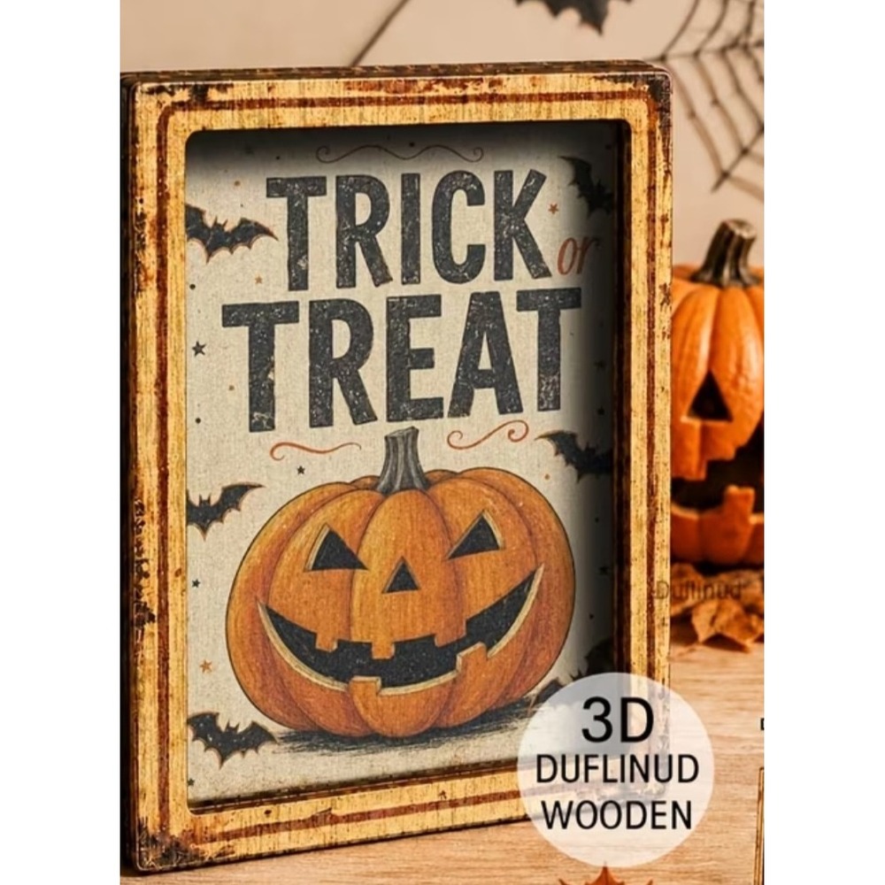 Wooden Trick or Treat Halloween Magnet Rustic Pumpkin Decor